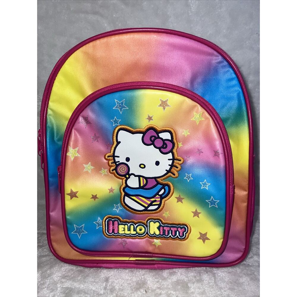 Vtg Sanrio Hello Kitty Backpack Rainbow Stars Pink Glitter 2002 Y2K.